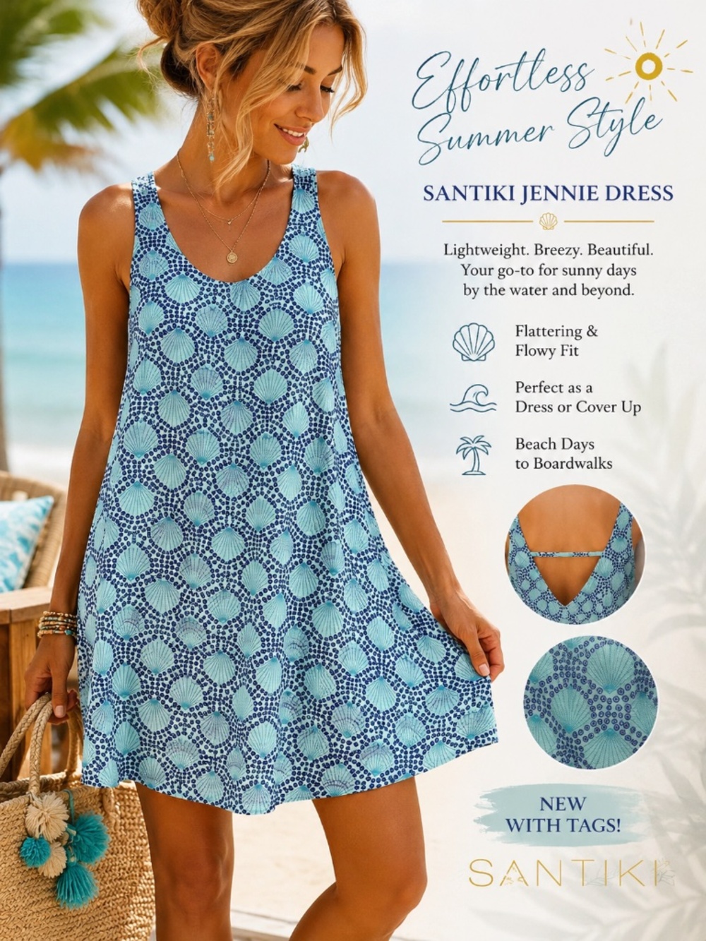 SANTIKI Jennie Dress Size Small Aqua Blue Navy Print NWT Summer Beach Cover Up